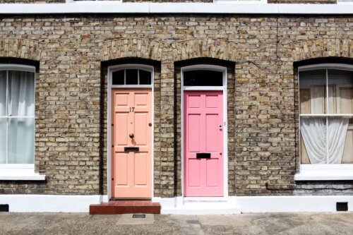 two houses with colourful doors